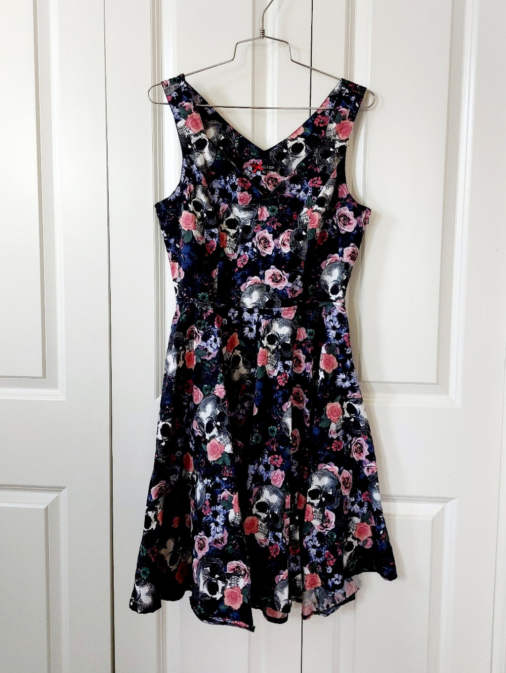 Hell Bunny Black Floral & Skull Fit-and-Flare Midi Dress - Pink, Purple, White